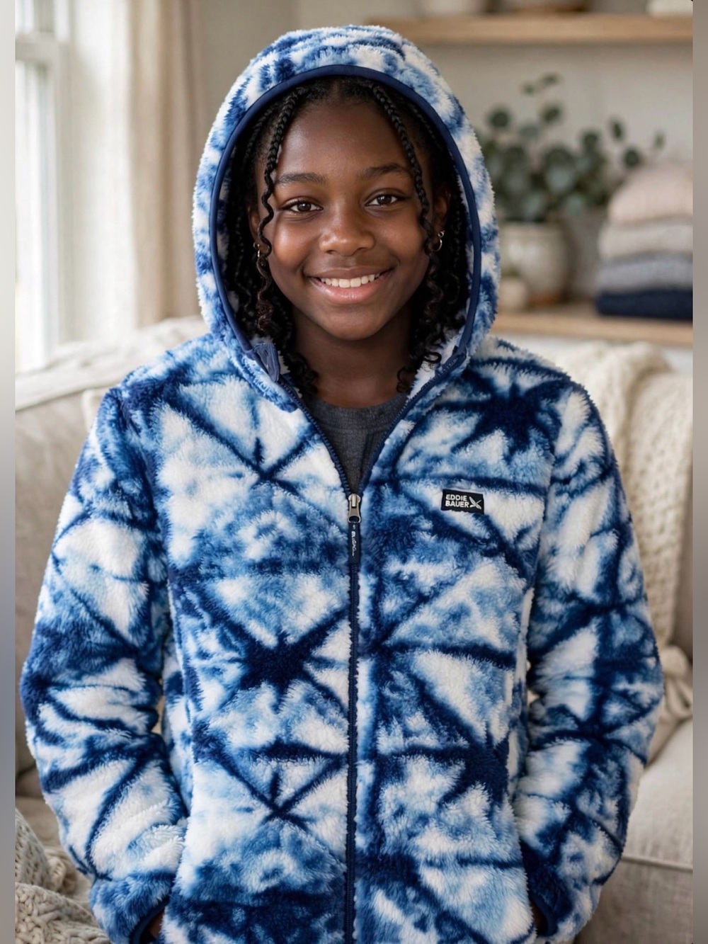 Eddie Bauer Blue and White Tie-Dye Plush Youth Fleece Jacket ptp 20”, length 24”